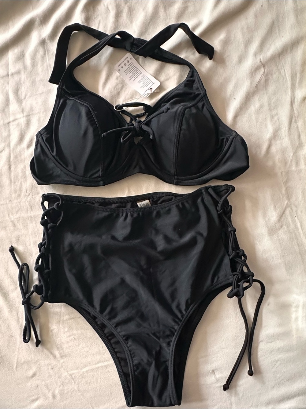 Black Lace-Up High-Waist Bikini Set - Women Swimwear